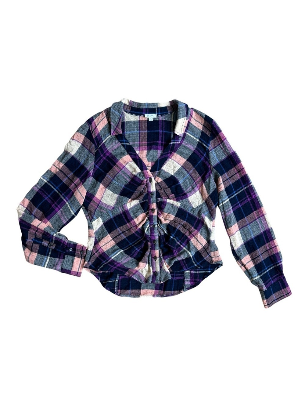 Pilcro Anthropologie Ruched Deep V Plaid Button Up Shirt